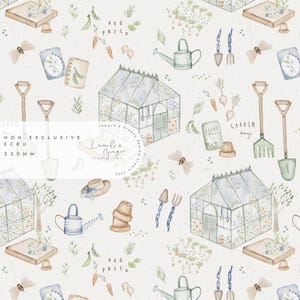 Peut inclure: Un motif sans couture avec des illustrations à l'aquarelle d'une serre, d'outils de jardinage, de plantes et d'autres éléments sur le thème du jardin. Le motif est sur un fond beige clair. Le texte "VEG PATCH" et "GARDEN DAYS" est inclus dans le motif.