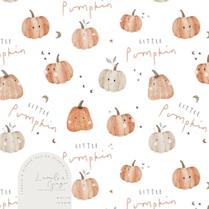 May include: A seamless pattern featuring watercolour illustrations of pumpkins with cute faces. The background is white with gold stars and crescent moons. The text "Little Pumpkin" is repeated throughout the pattern.