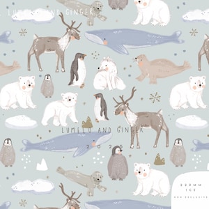 May include: A repeating pattern featuring arctic animals such as polar bears, penguins, seals, and reindeer, along with whales and snowflakes. The design includes the text "LUMELO AND GINGER" and "220 MM ICE". The background is a light blue colour.