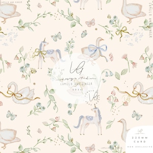 May include: A repeating pattern on a light cream background featuring watercolour illustrations of white swans with gold ribbons, unicorns with blue manes, butterflies, and green floral sprigs. Text includes Lumelo and Ginger and 220 mm card.