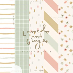 Puede incluir: Diseño digital con varios patrones en colores pastel. El diseño incluye rayas, una cuadrícula, puntos, chevrones y elementos florales. También está presente el texto "Lumelo and Ginger Design Studio".
