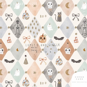 Peut inclure: Un motif fantaisiste sur le thème d'Halloween avec des losanges aux couleurs pastel. Le motif comprend des citrouilles, des fantômes, des chauves-souris, des crânes, des chats et des nœuds. Le texte "LUMELO AND GINGER HOCUS POCUS 2025" est visible. Le thème général est un design d'Halloween mignon et festif.