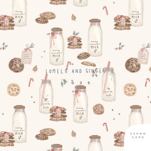 May include: A repeating pattern featuring illustrations of milk bottles, cookies, and candy canes. The bottles are labeled "Yummy Scrummy Milk" and "Just for Santa." The text "LUMELO AND GINGER" and "2025" are also present. The card size is 220 mm.