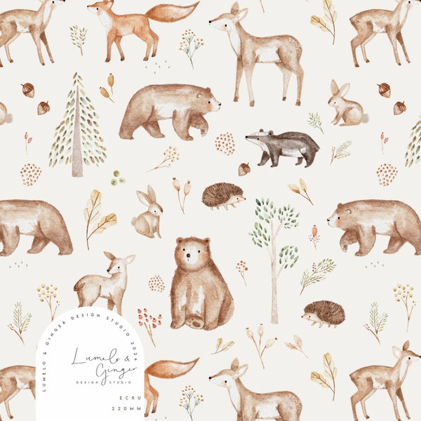 Hickory, Woodland, Children's fashion, bear, fox, hedgehog, forest, Non Exclusive Seamless Fabric Design,  Repeat Tile, Pattern