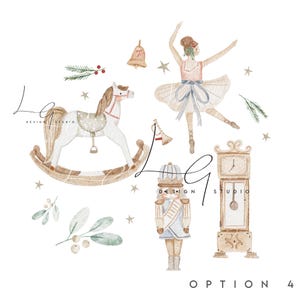 Könnte beinhalten: Eine Aquarell-Illustration einer Weihnachtsszene mit einem Schaukelpferd, einem Nussknacker, einer Ballerina, einer Uhr und einem Zweig Stechpalme. Die Illustration ist in einem leichten, verspielten Stil mit gedämpften Farben gehalten.