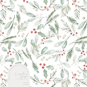 Puede incluir: Un patrón sin costuras con ilustraciones de acuarela de acebo verde, ramas de pino y bayas rojas y blancas. El patrón es perfecto para manualidades y proyectos navideños.