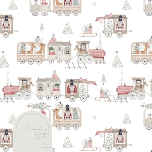 Todos a bordo, tren, versión oso, invierno, Navidad Diseño de tela sin costuras, pradera, mosaico repetido, patrón Lunoe
