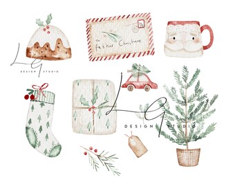 May include: A watercolor illustration of Christmas themed items, including a Christmas tree, a stocking, a gift box, a car with a Christmas tree on top, a mug with a Santa Claus face, a Christmas pudding, and a letter addressed to "Father Christmas".