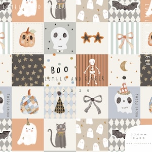 May include: A patchwork design featuring Halloween-themed illustrations. The design includes pumpkins, ghosts, cats, bats, and skeletons. Text includes "BOO", "LUMELO AND GINGER", and "2025". The card measures 220 mm.