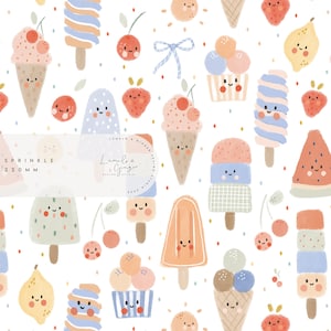 Peut inclure: Un motif sans couture représentant une variété de cônes de crème glacée, de sucettes glacées et autres friandises d'été dessinées en cartoon. Le motif est sur un fond blanc avec de petits points rouges, bleus et jaunes. Le texte "SPRINKLE 220MM" apparaît dans le coin inférieur gauche du motif.