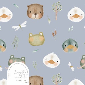 May include: A seamless pattern featuring a variety of woodland creatures, including a frog, a beaver, a duck, and a dragonfly. The pattern is set on a light blue background and includes various green leaves and branches.