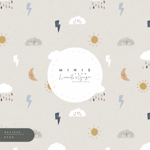 May include: A seamless pattern featuring a variety of weather icons, including clouds, suns, lightning bolts, and raindrops. The pattern is set on a light beige background with a white circle in the center that reads "minis from lumelo & ginger design studio". The text "weather ecru" is at the bottom of the pattern.