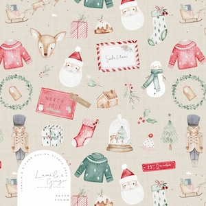 Navidad, padre, santa, carta, medias, renos, moda infantil, ropa, diseño de tela sin costuras, mosaico repetido, patrón no exclusivo