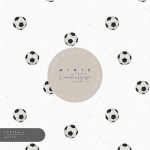 May include: A white background with a repeating pattern of black and white soccer balls. The text "MINIS FROM Lumelo & Ginger DESIGN STUDIO" is in a circle in the center of the image.