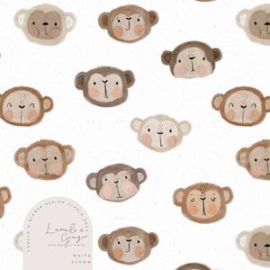 May include: A seamless pattern featuring watercolor illustrations of monkeys and bears. The pattern is on a white background and features brown, beige, and pink colors.