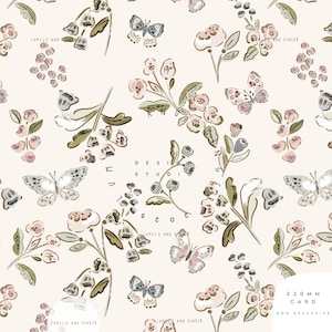 May include: A cream-colored floral pattern featuring butterflies, flowers, and berries in soft pink, green, and gray tones. The design includes the text "LUMILO AND GINGER" and "DESIGN STUDIO 2025". The card size is 220 mm.