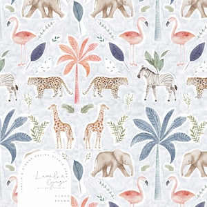 May include: A seamless pattern featuring watercolor illustrations of various animals and plants. The pattern includes giraffes, elephants, zebras, leopards, palm trees, flamingos, and leaves. The background is a light blue color.