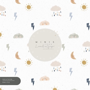 May include: A seamless pattern featuring a white background with various weather icons, including clouds, suns, moons, lightning bolts, and raindrops. The pattern is repeated throughout the image. The text "MINIS FROM Lumila & Ginger DESIGN STUDIO" is centered in the image.