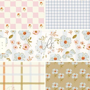 Pode incluir: Uma coleção de padrões digitais com designs florais e geométricos. Os padrões incluem quadrados rosa e creme xadrez com pequenas flores laranja, xadrez azul claro, arranjos florais e um fundo bege com flores brancas.
