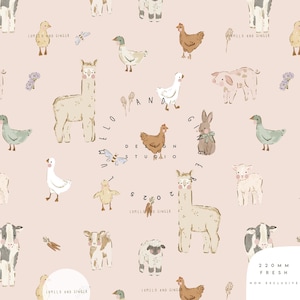 May include: A repeating pattern of farm animals including alpacas, chickens, ducks, pigs, sheep, and cows in a watercolor style. The background is a soft pink color. The text "LUMILO AND GINGER" and "DESIGN STUDIO" are also present.
