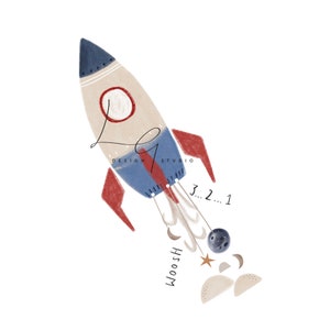 Könnte beinhalten: Ein Cartoon-Raketenschiff mit roten, blauen und beigen Akzenten startet ins All. Die Rakete hinterlässt eine Rauch- und Sternenschweif. Der Text "3...2...1" und "wooosh" ist auf dem Bild zu sehen.