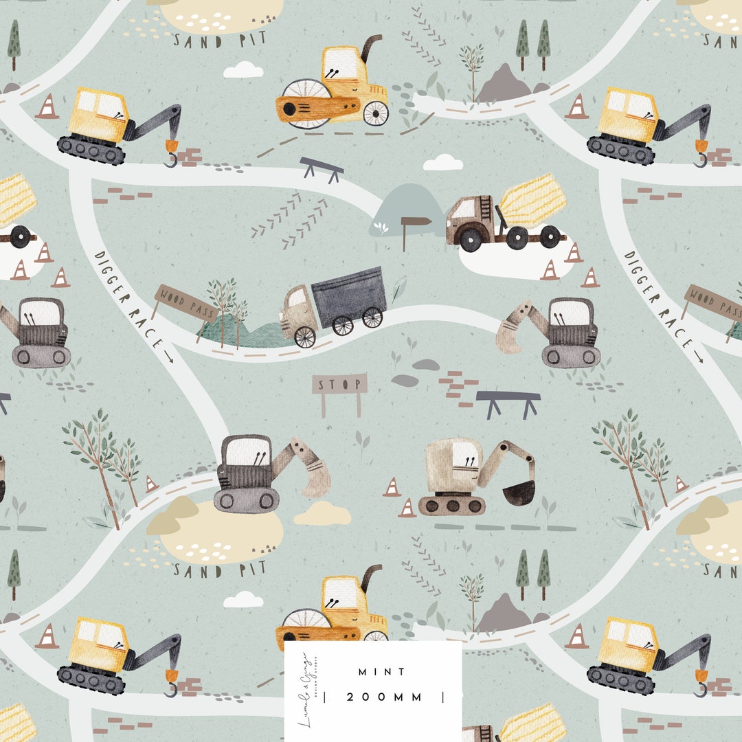 Trip to Digger, Diggers, Excavator, Land, Tipper, Truck Seamless Fabric ...