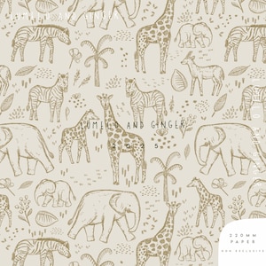 Puede incluir: Papel estampado en beige y blanco con ilustraciones de cebras, jirafas, elefantes y palmeras. El texto "LUMELO AND GINGER 2025" es visible. El papel está etiquetado como 220 MM PAPER y es un diseño no exclusivo.