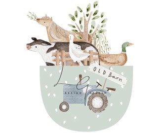 May include: A watercolor illustration of a farm scene with a horse, cow, goose, and duck. The animals are standing in front of a wooden fence and a sign that says "OLD BARN". The scene is set in a blue tractor with a green background.