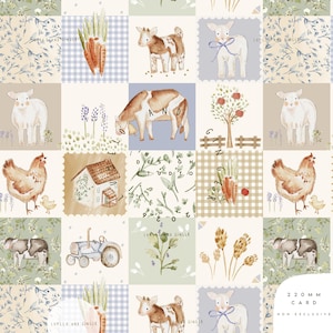 May include: A patchwork design with watercolour illustrations of farm animals, vegetables, and floral elements. The design includes cows, sheep, chickens, carrots, and a tractor. The text "LUMILO AND GINGER" and "DESIGN STUDIO" is visible. The card size is 22 cm.
