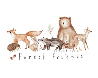 Hickory, woodland, forest, bear, fox, hedgehog, children's clothing, graphics, artwork, PNG sublimation file, Transfer, Heat transfer design