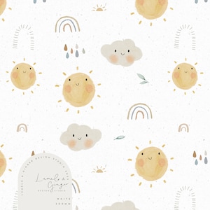 May include: A repeating pattern on a white background featuring smiling suns, rainbows, clouds, and raindrops in soft yellow, blue, and brown hues. The design has a watercolour effect, creating a whimsical and cheerful aesthetic.