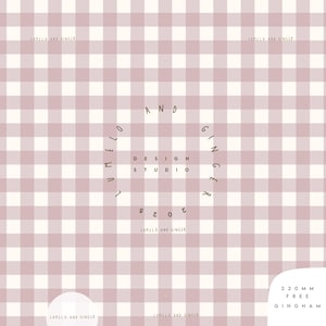 May include: A digitally created pattern featuring a light purple and white gingham design. The text "LUMELO AND GINGER" is repeated across the top and bottom. A circular design in the center reads "AND DESIGN STUDIO 2023 GINGER". The text "220 MM FREE GINGHAM" is in the bottom right corner.