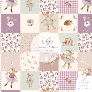 Puede incluir: Un diseño de tela con una cuadrícula de cuadrados que presenta ilustraciones en acuarela de ratones con tutús, erizos, bellotas, flores y cuadros vichy en tonos morados, verdes y crema, con el texto Design Studio Lumelo and Ginger.