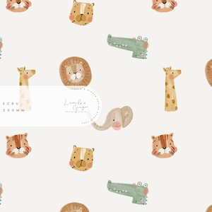 Puede incluir: Un patrón sin costuras que presenta una variedad de animales, incluyendo un león, una jirafa, un elefante, un tigre y un cocodrilo. Los animales están ilustrados en un estilo acuarela con una paleta de colores clara y aireada. El patrón es perfecto para usar en telas, papel tapiz u otros proyectos de diseño.