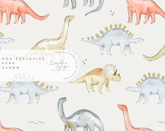 May include: A seamless pattern featuring various dinosaurs in watercolor illustrations. The dinosaurs are in shades of blue, pink, and yellow, and are set against a light gray background. The pattern is perfect for fabric, wallpaper, or other creative projects.