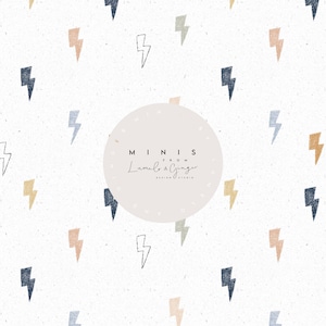 May include: A seamless pattern featuring a white background with a repeating pattern of lightning bolts in various colors, including blue, gray, peach, and yellow. The pattern is surrounded by a circle with the text "MINIS FROM Lumelo & Ginger DESIGN STUDIO".