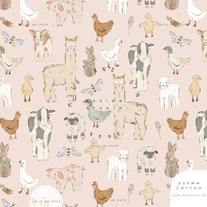 May include: A repeating pattern featuring farm animals such as alpacas, cows, chickens, ducks, sheep, pigs, and rabbits. The illustrations are in soft watercolor tones on a light pink background. The text "LUMILO AND GINGER" and "DESIGN STUDIO" is visible.
