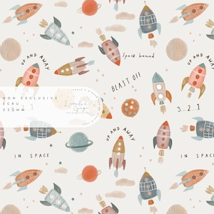 May include: A repeating pattern of rockets, planets, stars, and clouds in orange, blue, and brown on a cream background. Text includes "Up and Away," "Blast Off," and "In Space." The design also includes the text "3...2...1."