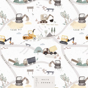May include: A white background with a repeating pattern of construction vehicles, trees, and road signs. The vehicles include a yellow cement mixer, a yellow bulldozer, a grey excavator, and a grey dump truck. The road signs include "Stop", "Sand Pit", and "Digger Race".