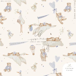 Könnte beinhalten: Ein sich wiederholendes Muster auf hellcremefarbenem Hintergrund mit braunen Teddybären, weißen Gänsen, blauen herzförmigen Luftballons und Heißluftballons. Das Design enthält kleine Sterne, Monde und Banner mit dem Text A dream come true.
