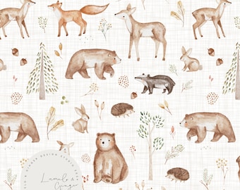 Hickory, Woodland, Children's fashion, bear, fox, hedgehog, forest, Non Exclusive Seamless Fabric Design,  Repeat Tile, Pattern