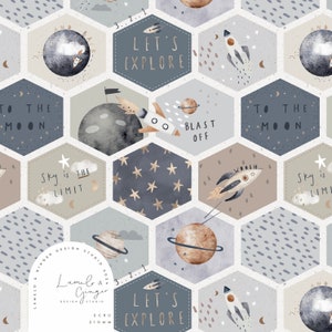 May include: A seamless pattern featuring a blue and brown hexagonal design with a space theme. The pattern includes rockets, planets, stars, and text that says "Let's Explore", "To the Moon", "Blast Off", and "Sky is the Limit".