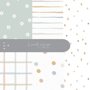 Puede incluir: Un conjunto de cuatro patrones de papel digital con diferentes diseños. El primer patrón es un fondo verde claro con margaritas blancas. El segundo patrón es un fondo blanco con rayas horizontales en tonos de marrón, beige y azul. El tercer patrón es un fondo blanco con un patrón de cuadrícula en tonos de azul, beige y rosa. El cuarto patrón es un fondo blanco con puntos dispersos en tonos de azul, beige y rosa. El texto "Lumelo & Ginger Design Studio" se muestra en una pancarta gris.