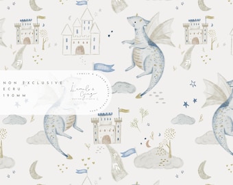 May include: A seamless pattern featuring a whimsical design of blue dragons, castles, clouds, stars, and crescent moons on a light cream background. The pattern is perfect for fabric, wallpaper, or wrapping paper.
