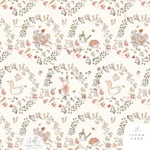 May include: A cream-coloured repeating pattern with illustrations of a bunny, duck, hedgehog, watering can, and a cart filled with flowers. The design includes carrots, strawberries, and bees. Text reads "LUMILO AND SINGER" and "DESIGN STUDIO 2022".