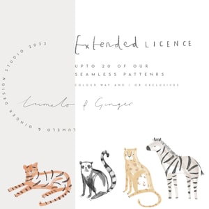 May include: An illustration of four animals: a tiger, a lemur, a leopard, and a zebra. The animals are drawn in a watercolor style with soft colors. The text "Extended License" is at the top of the image. The text "Up to 20 of our seamless patterns" is below the text "Extended License". The text "Color way and/or exclusives" is below the text "Up to 20 of our seamless patterns". The text "Lumelo & Ginger Design Studio 2023" is on the left side of the image.