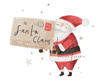 May include: A watercolor illustration of Santa Claus holding a brown envelope addressed to "Santa Claus, The North Pole" with a red "Elf Post" stamp. The illustration is surrounded by small gold stars.