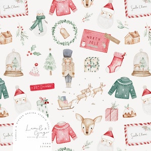 Navidad, padre, santa, carta, medias, renos, moda infantil, ropa, diseño de tela sin costuras, mosaico repetido, patrón no exclusivo