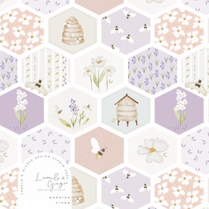 May include: A seamless pattern featuring a honeycomb design with bees, flowers, and beehives. The pattern is in shades of pink, purple, and white. The text "Lumelo & Ginger Design Studio 2023 Morning 210mm" is included in the pattern.
