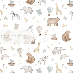 以下が含まれることがあります： シマウマ、ゾウ、キリン、クマなどのかわいい動物をたくさん描いたシームレスパターンです。パターンには、熱気球、雲、その他の幻想的な要素も含まれています。パターンはベージュ、ブラウン、グレーのニュートラルなカラーパレットで構成されています。